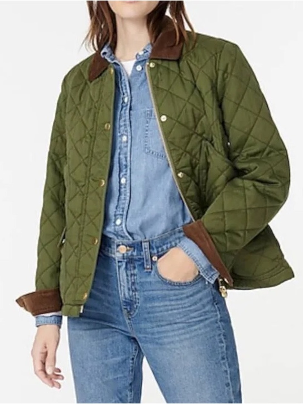 J. Crew Quilted Green Jacket with Brown Corduroy Collar